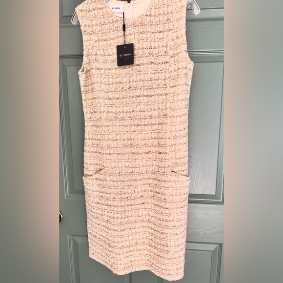 NEW ST. JOHN NUBBY BOUCLE SLEEVELESS DRESS & JACKET SUIT SET 4 8 NEUTRAL TAN NWT - Picture 11 of 13